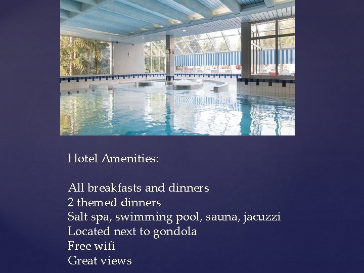 Hotel Amenities: All breakfasts and dinners 2 themed dinners Salt spa, swimming pool, sauna,