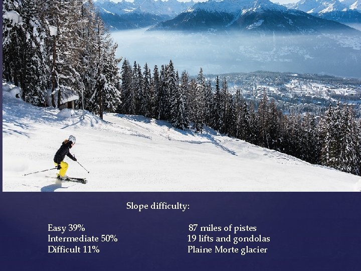 Slope difficulty: Easy 39% Intermediate 50% Difficult 11% 87 miles of pistes 19 lifts