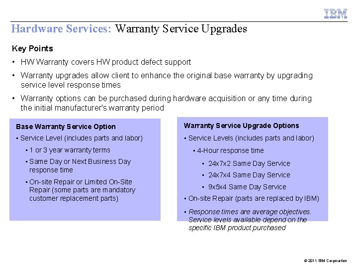 Hardware Services: Warranty Service Upgrades Key Points • HW Warranty covers HW product defect