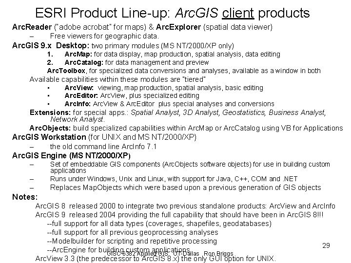 ESRI Product Line-up: Arc. GIS client products Arc. Reader (“adobe acrobat” for maps) &