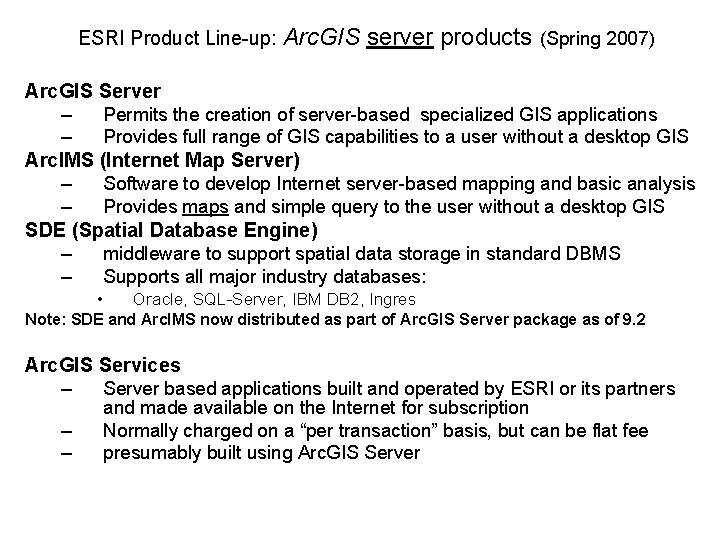 ESRI Product Line-up: Arc. GIS server products (Spring 2007) Arc. GIS Server – Permits