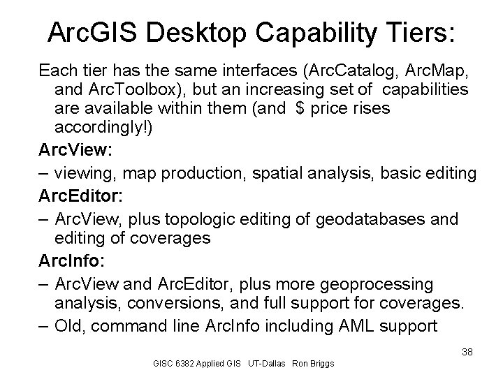 Arc. GIS Desktop Capability Tiers: Each tier has the same interfaces (Arc. Catalog, Arc.