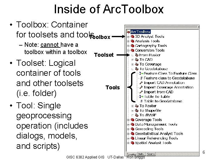 Inside of Arc. Toolbox • Toolbox: Container for toolsets and tools Toolbox – Note: