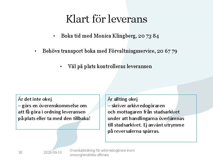 Klart för leverans • • Boka tid med Monica Klingberg, 20 73 84 Behövs