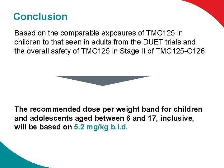 Conclusion Based on the comparable exposures of TMC 125 in children to that seen