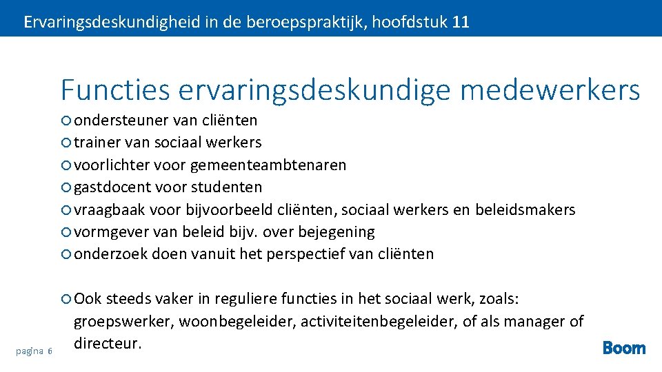 Ervaringsdeskundigheid in de beroepspraktijk, hoofdstuk 11 Functies ervaringsdeskundige medewerkers ondersteuner van cliënten trainer van