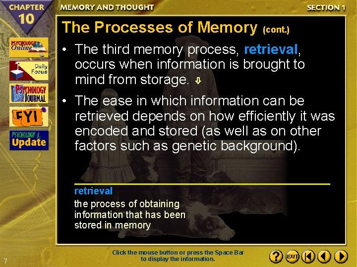 The Processes of Memory (cont. ) • The third memory process, retrieval, occurs when