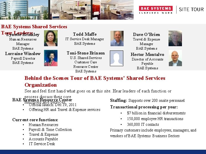 BAE Systems Shared Services Tour Leaders: Lynette Brinkley Human Resources Manager BAE Systems Lorraine