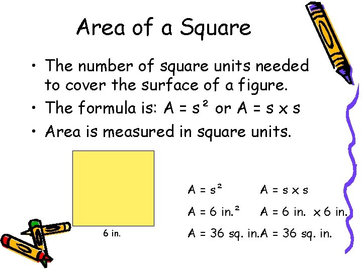 Area of a Square • The number of square units needed to cover the