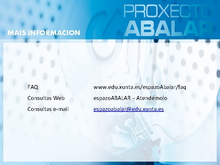 MAIS INFORMACION FAQ www. edu. xunta. es/espazo. Abalar/faq Consultas Web espazo. ABALAR – Atendémolo