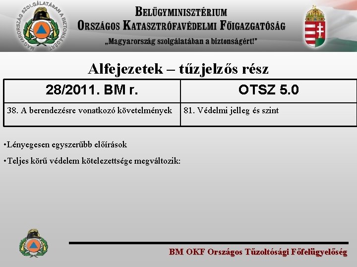 Alfejezetek – tűzjelzős rész 28/2011. BM r. OTSZ 5. 0 38. A berendezésre vonatkozó