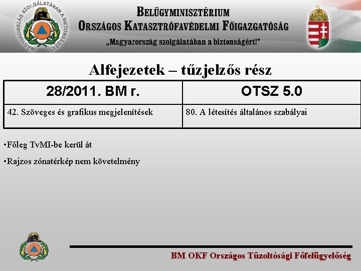 Alfejezetek – tűzjelzős rész 28/2011. BM r. 42. Szöveges és grafikus megjelenítések OTSZ 5.