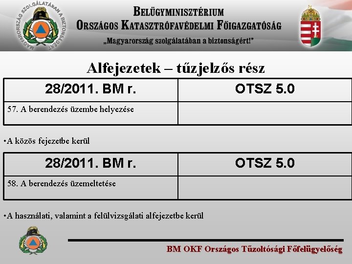 Alfejezetek – tűzjelzős rész 28/2011. BM r. OTSZ 5. 0 57. A berendezés üzembe