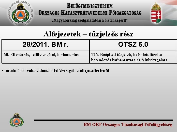 Alfejezetek – tűzjelzős rész 28/2011. BM r. 60. Ellenőrzés, felülvizsgálat, karbantartás OTSZ 5. 0