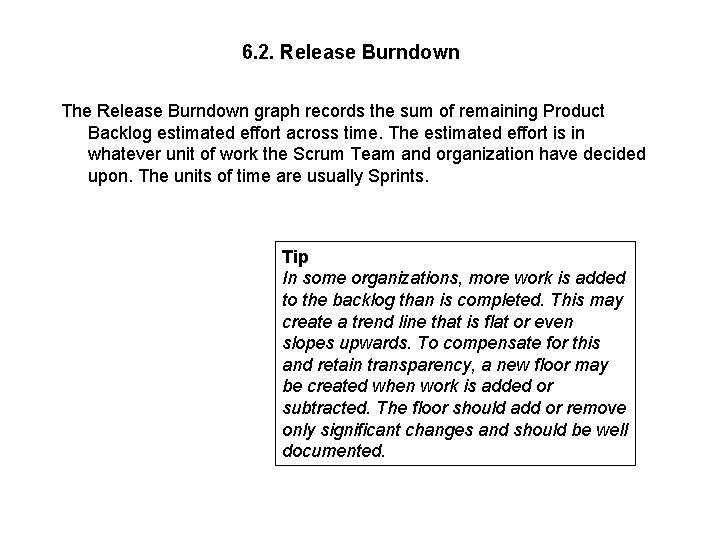 6. 2. Release Burndown The Release Burndown graph records the sum of remaining Product