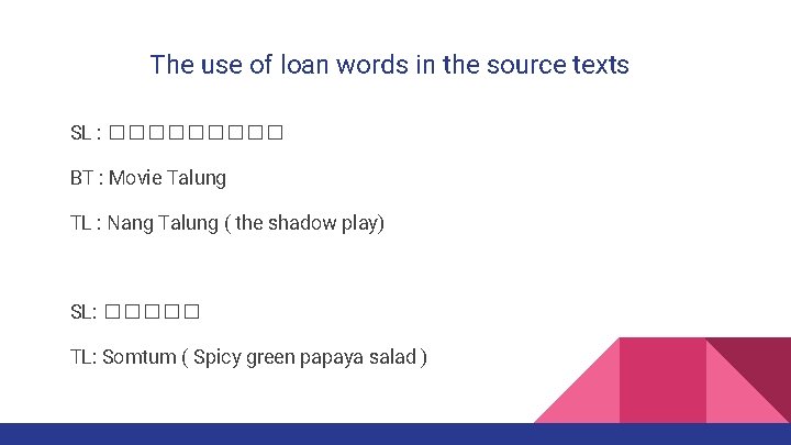 The use of loan words in the source texts SL : ����� BT :