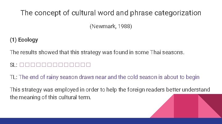 The concept of cultural word and phrase categorization (Newmark, 1988) (1) Ecology The results