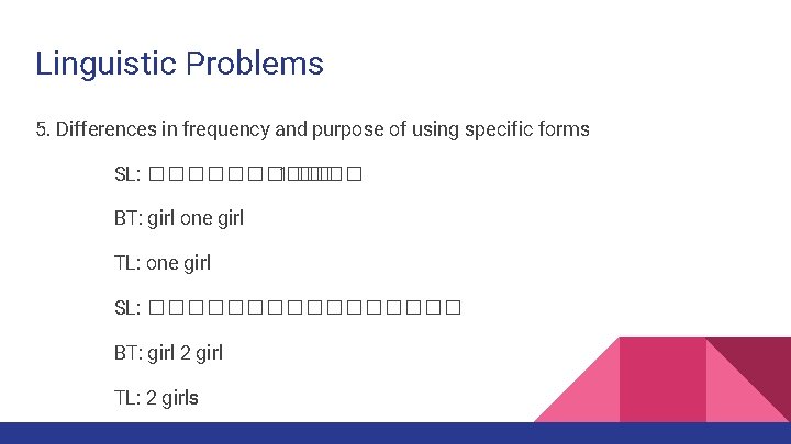 Linguistic Problems 5. Differences in frequency and purpose of using specific forms SL: ������