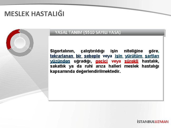 MESLEK HASTALIĞI YASAL TANIM (5510 SAYILI YASA) Sigortalının, çalıştırıldığı işin tekrarlanan bir sebeple veya