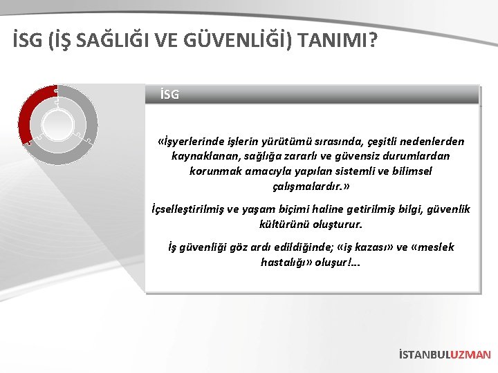 İSG (İŞ SAĞLIĞI VE GÜVENLİĞİ) TANIMI? İSG «İşyerlerinde işlerin yürütümü sırasında, çeşitli nedenlerden kaynaklanan,