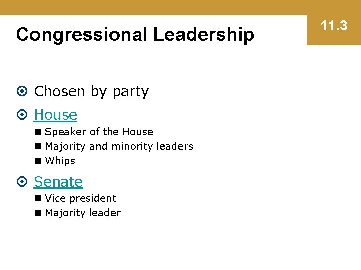 Congressional Leadership Chosen by party House n Speaker of the House n Majority and