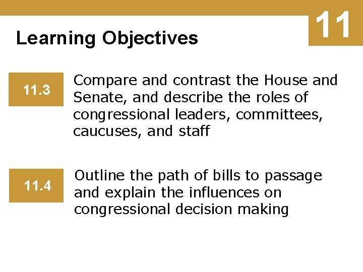 Learning Objectives 11. 3 11. 4 11 Compare and contrast the House and Senate,