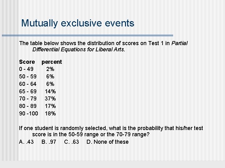 Mutually exclusive events The table below shows the distribution of scores on Test 1