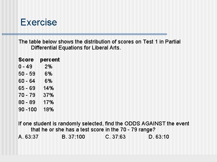 Exercise The table below shows the distribution of scores on Test 1 in Partial