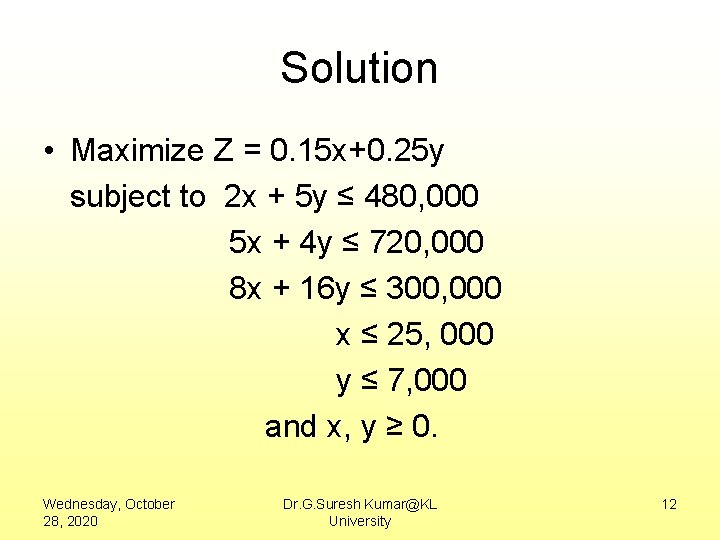 Solution • Maximize Z = 0. 15 x+0. 25 y subject to 2 x