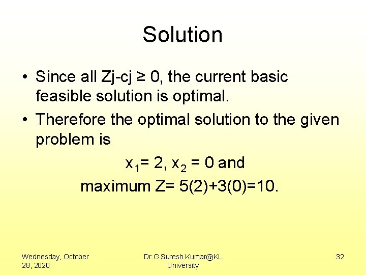 Solution • Since all Zj-cj ≥ 0, the current basic feasible solution is optimal.