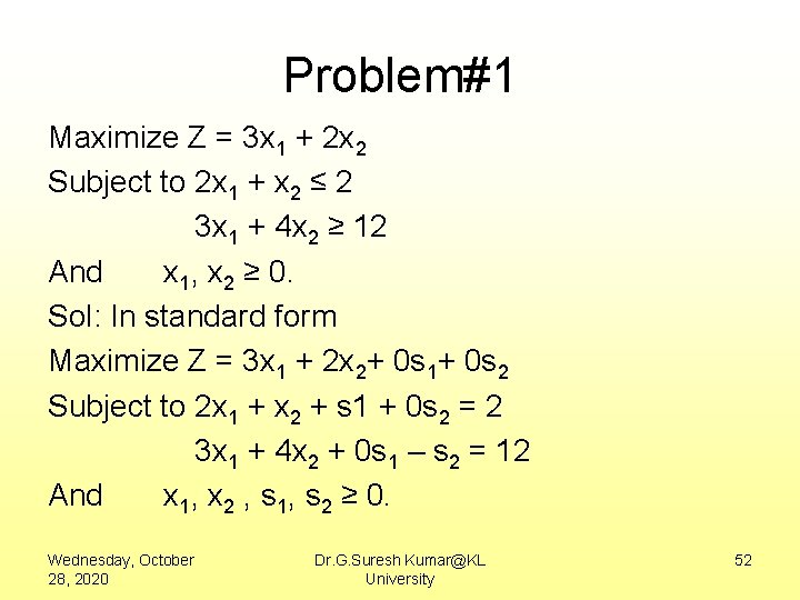 Problem#1 Maximize Z = 3 x 1 + 2 x 2 Subject to 2