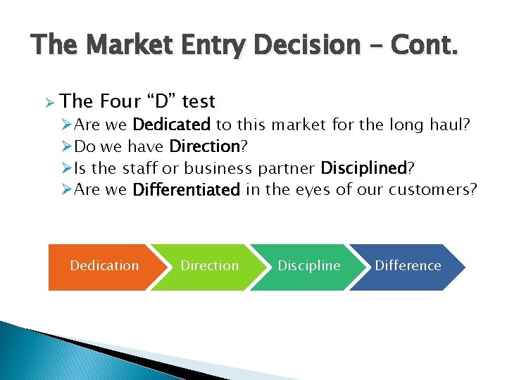 The Market Entry Decision – Cont. Ø The Four “D” test ØAre we Dedicated