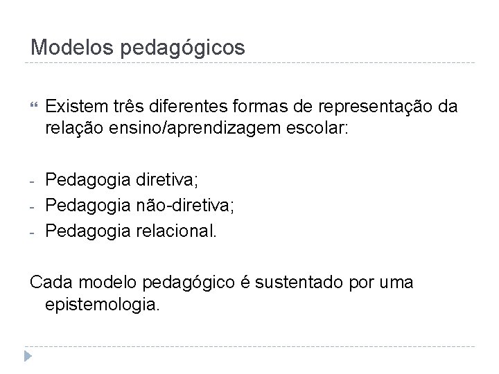 Modelos pedagógicos Existem três diferentes formas de representação da relação ensino/aprendizagem escolar: - Pedagogia