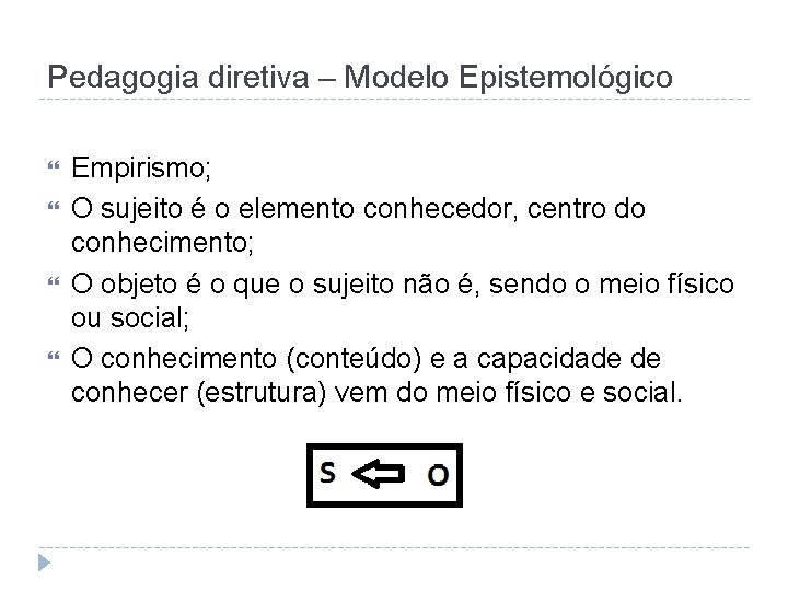 Pedagogia diretiva – Modelo Epistemológico Empirismo; O sujeito é o elemento conhecedor, centro do