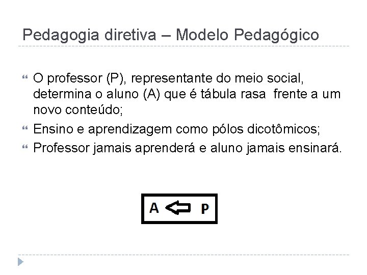 Pedagogia diretiva – Modelo Pedagógico O professor (P), representante do meio social, determina o