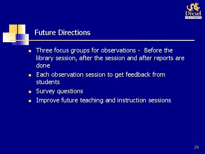 Future Directions n n Three focus groups for observations - Before the library session,