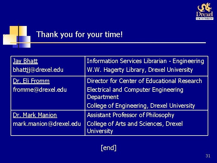 Thank you for your time! Jay Bhatt bhattjj@drexel. edu Information Services Librarian - Engineering