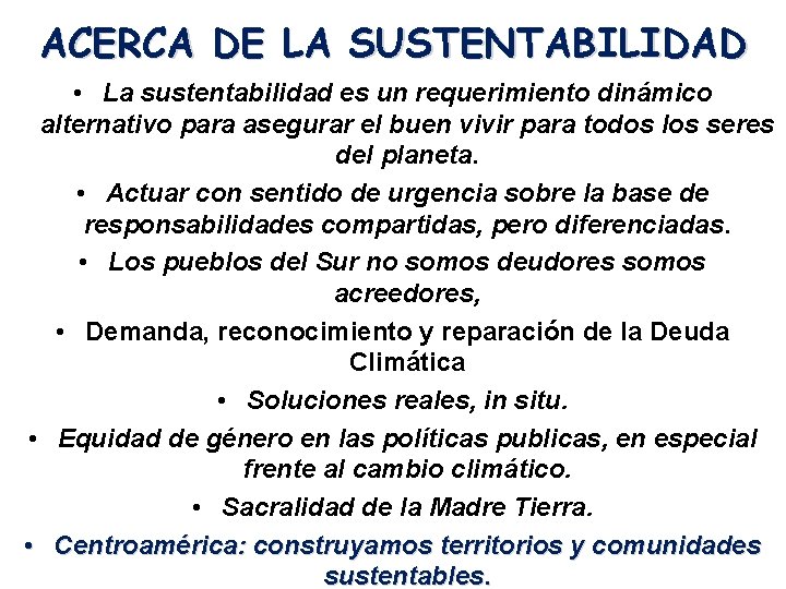 ACERCA DE LA SUSTENTABILIDAD • La sustentabilidad es un requerimiento dinámico alternativo para asegurar