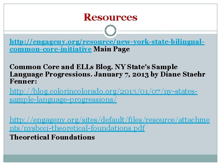 Resources http: //engageny. org/resource/new-york-state-bilingualcommon-core-initiative Main Page Common Core and ELLs Blog. NY State’s Sample