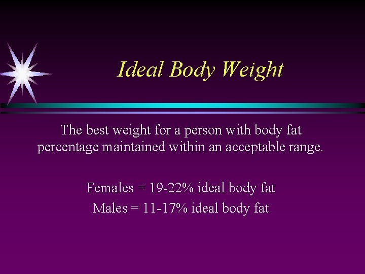 Ideal Body Weight The best weight for a person with body fat percentage maintained