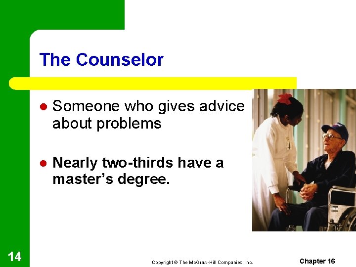 The Counselor 14 l Someone who gives advice about problems l Nearly two-thirds have