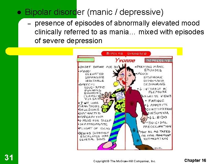l Bipolar disorder (manic / depressive) – 31 presence of episodes of abnormally elevated