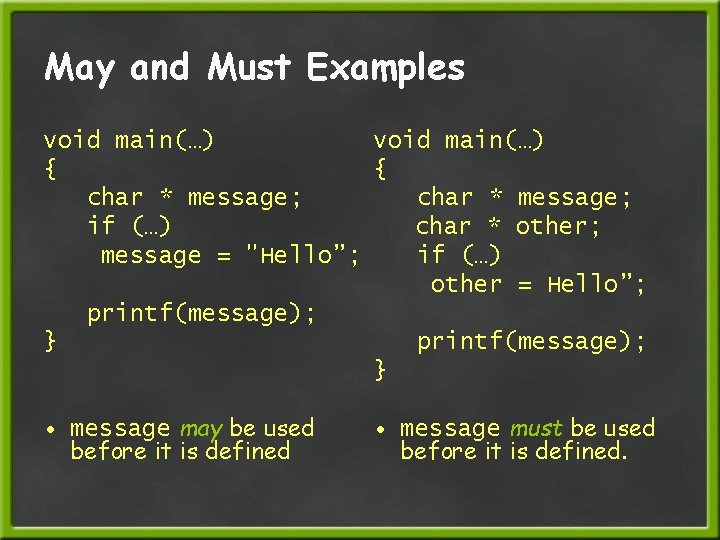 May and Must Examples void main(…) { { char * message; if (…) char