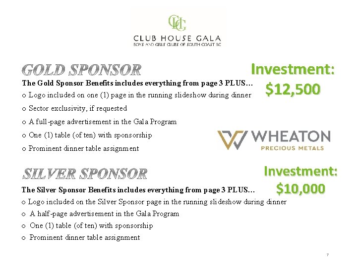 Investment: The Gold Sponsor Benefits includes everything from page 3 PLUS… $12, 500 o