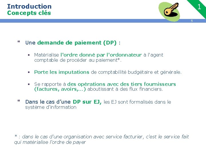 Introduction 1 Concepts clés 5 } Une demande de paiement (DP) : § Matérialise