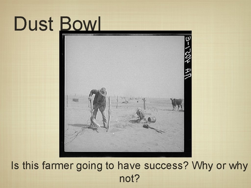 Dust Bowl Is this farmer going to have success? Why or why not? 