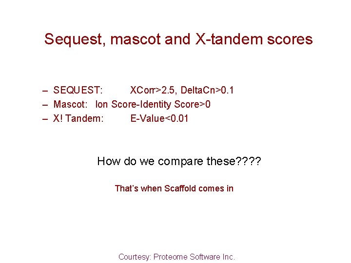 Sequest, mascot and X-tandem scores – SEQUEST: XCorr>2. 5, Delta. Cn>0. 1 – Mascot: