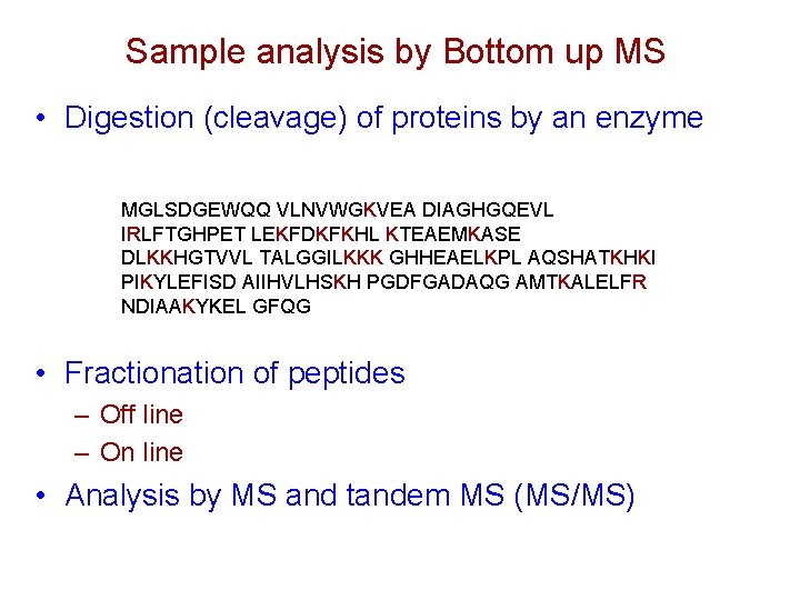 Sample analysis by Bottom up MS • Digestion (cleavage) of proteins by an enzyme