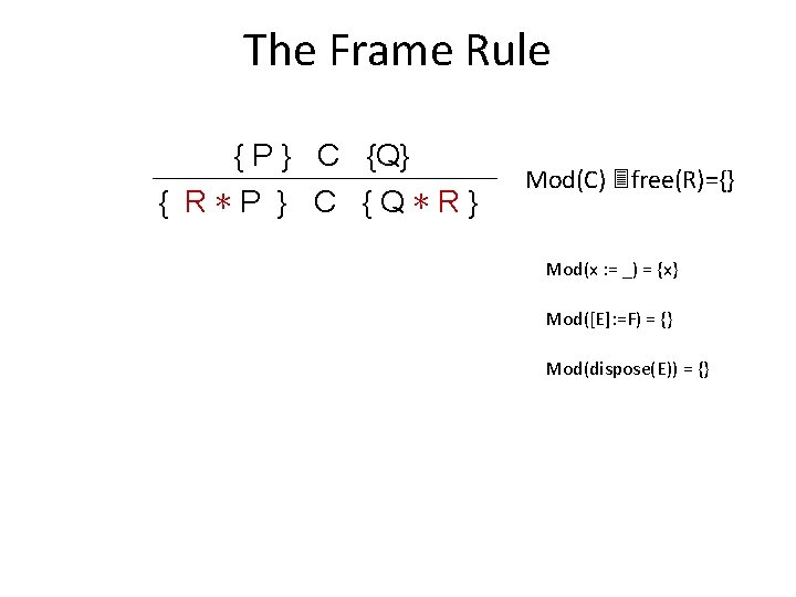 The Frame Rule { P } C {Q} { R∗P } C {Q∗R} Mod(C)