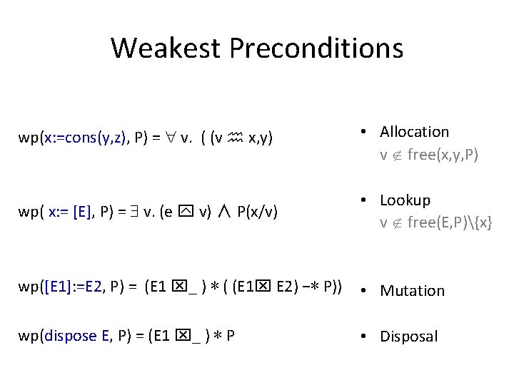 Weakest Preconditions wp(x: =cons(y, z), P) = v. ( (v x, y) • Allocation